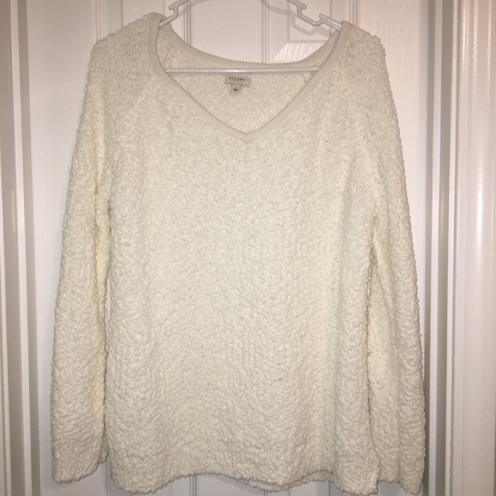 V-Neck Cream Colored Fleece Look Sweater